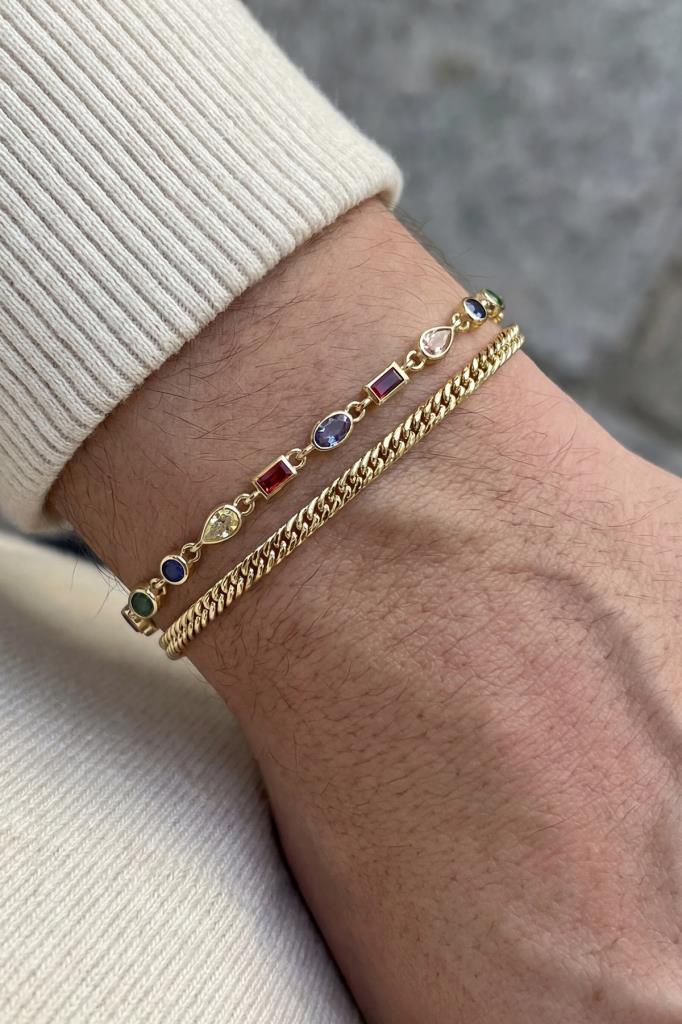 FRNCH 925 Ayar Gümüş Mix Zirkon Taşlı Altın Renk Erkek Bileklik Set FRJ12901-3901-G