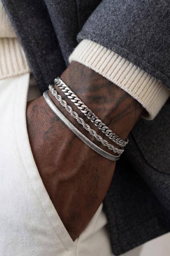 FRNCH 316L Çelik İtalyan Model Gümüş Renk Erkek Bileklik Set FRJ12902-3902-A