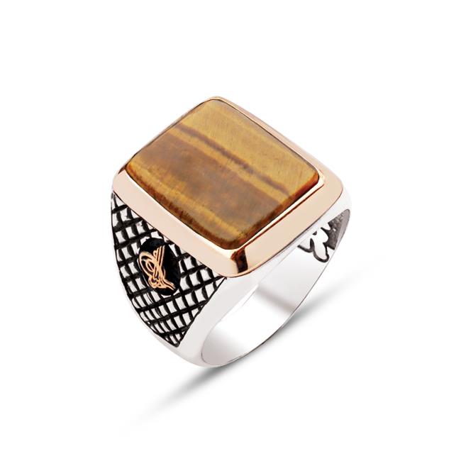 FRNCH 202 Gümüş Kaplan Gözü Taşlı Yanlar Osmanlı Tuğralı Motifli Yüzük