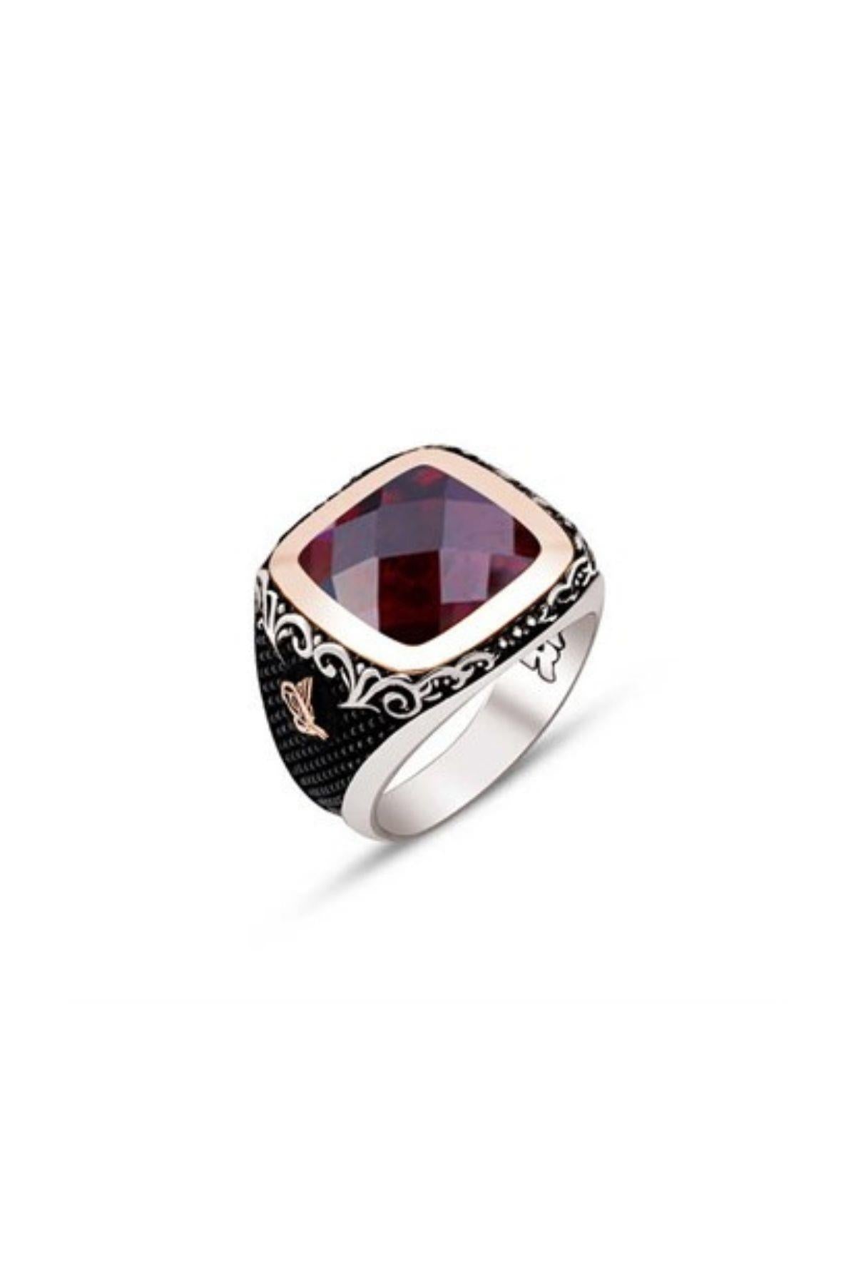 FRNCH 216 Gümüş Fasetli Garnet Zirkon Taşlı Kenarları Tuğralı Yüzük