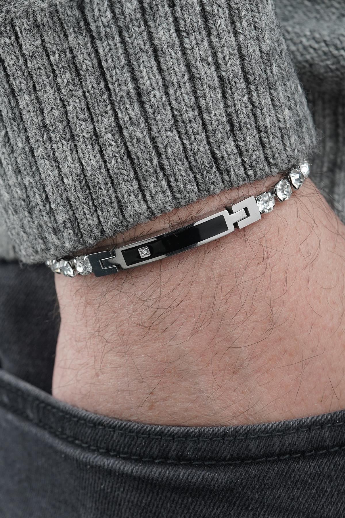 FRNCH 316L Çelik Beyaz Zirkon Taşlı Gümüş Renk Erkek Bileklik FRJ12853-3853-A