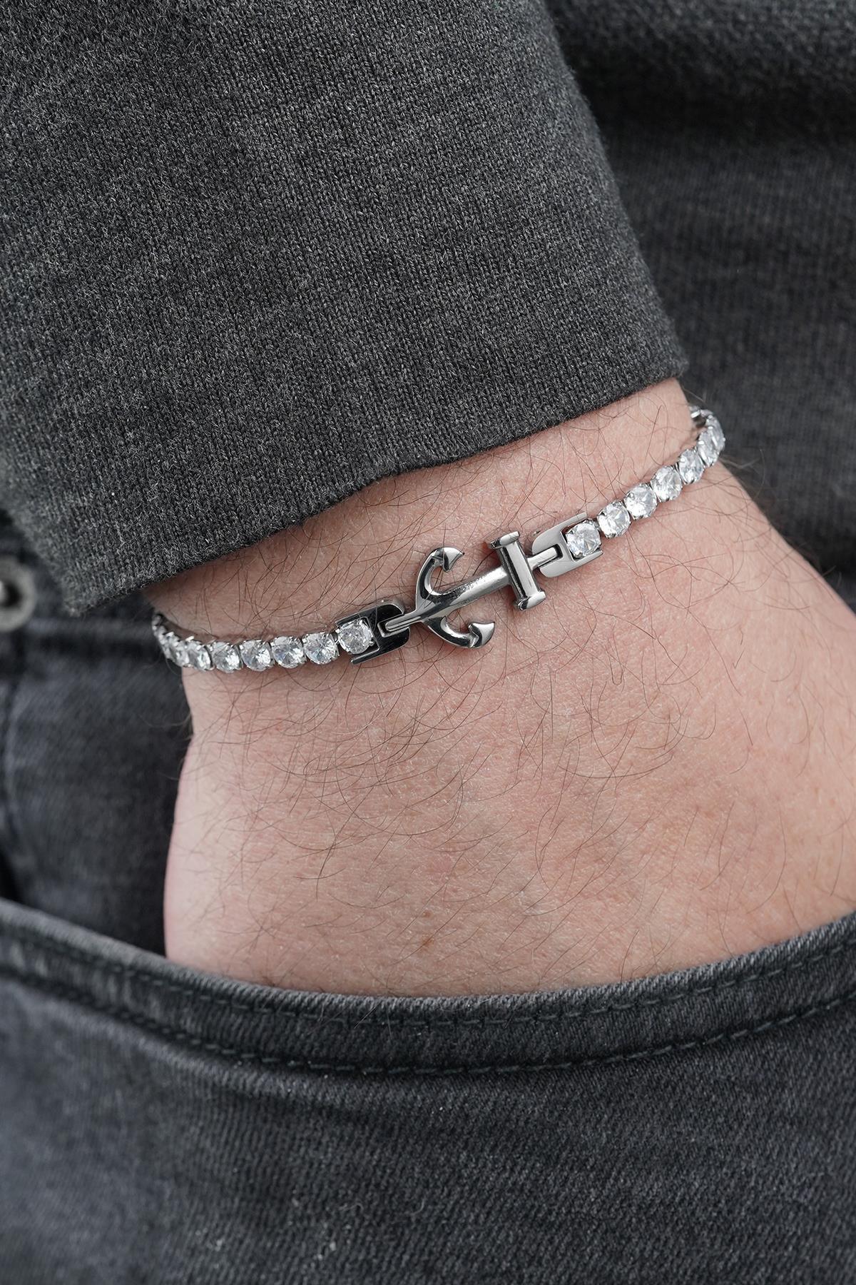 FRNCH 316L Çelik Çapa Figürlü Beyaz Zirkon Taşlı Gümüş Renk Erkek Bileklik FRJ12880-3880-A