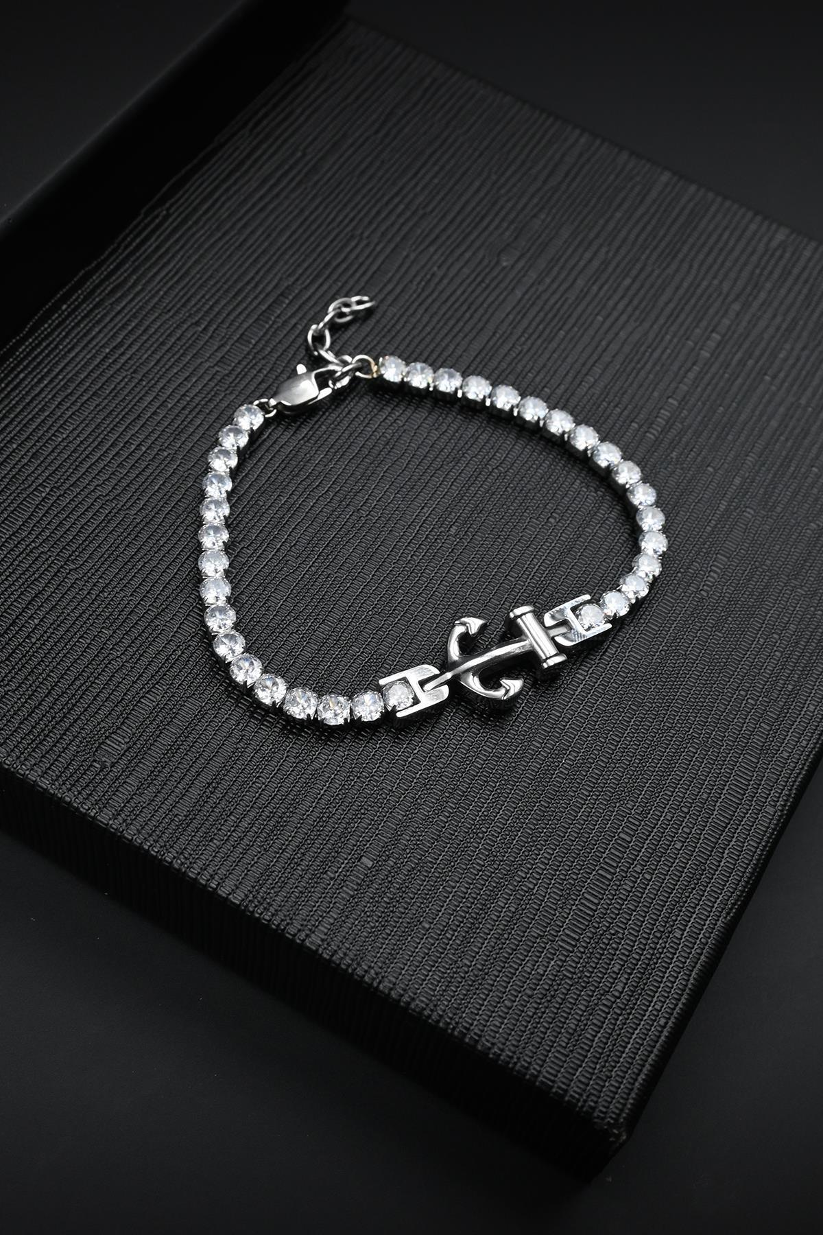 FRNCH 316L Çelik Çapa Figürlü Beyaz Zirkon Taşlı Gümüş Renk Erkek Bileklik FRJ12880-3880-A