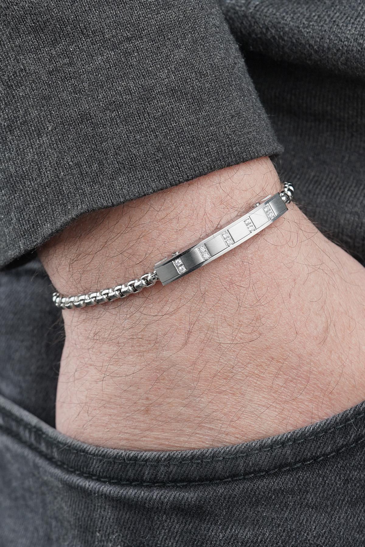 FRNCH 316L Çelik İtalyan Model Beyaz Zirkon Taşlı Gümüş Renk Erkek Bileklik FRJ12872-3872-A