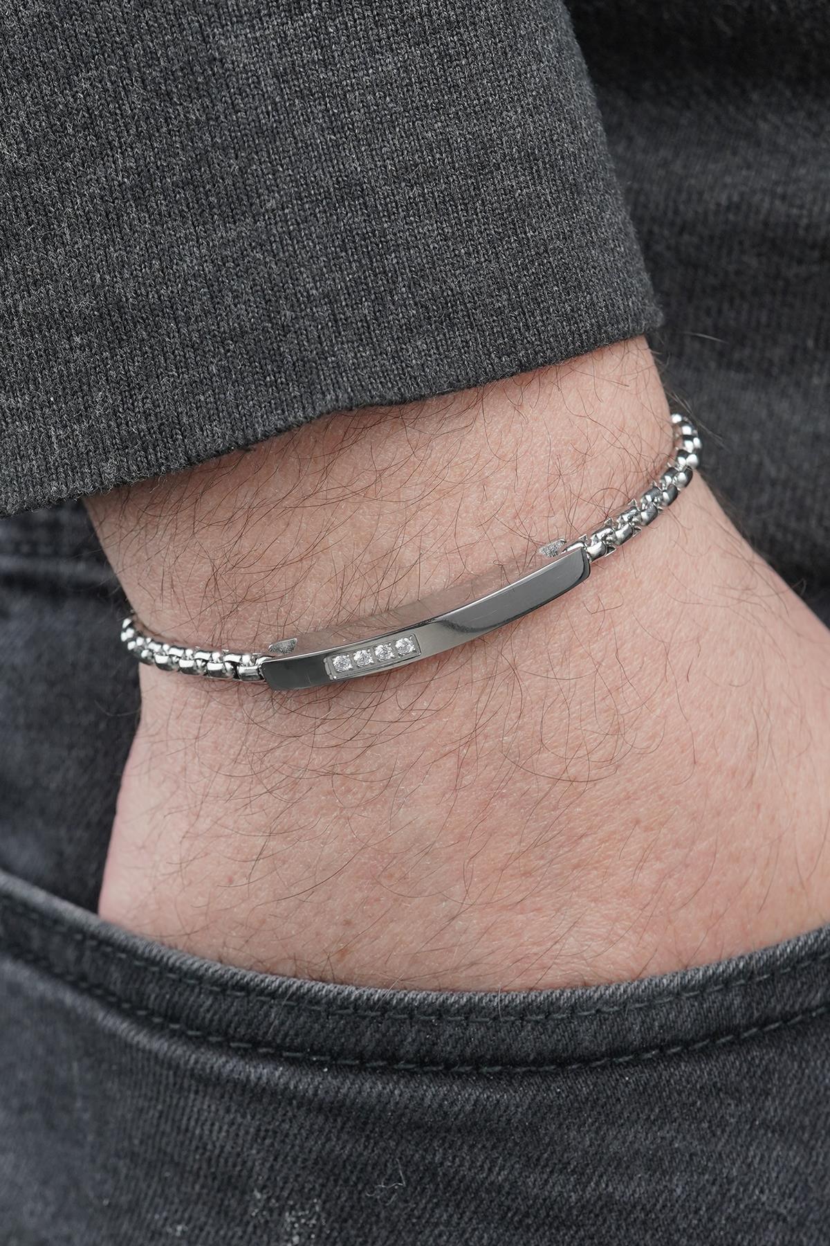 FRNCH 316L Çelik İtalyan Model Beyaz Zirkon Taşlı Gümüş Renk Erkek Bileklik FRJ12884-3884-A