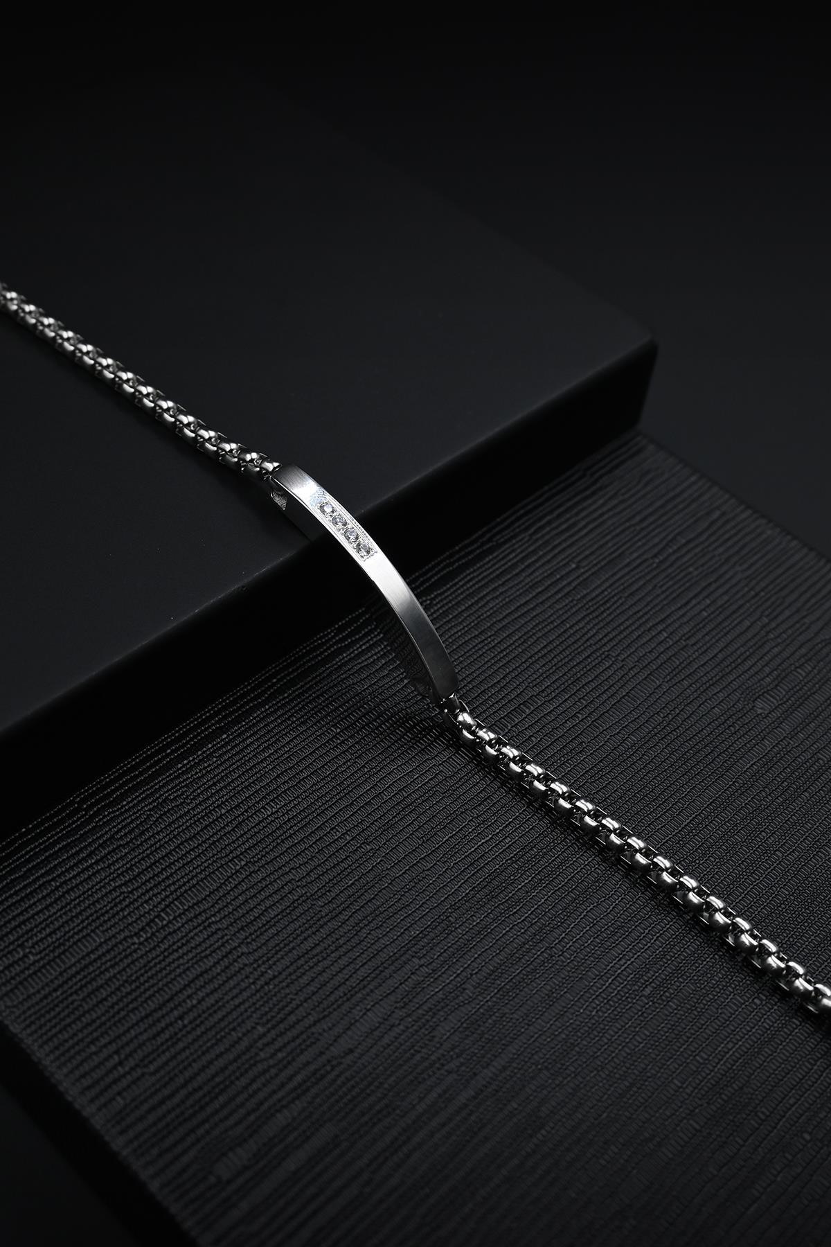 FRNCH 316L Çelik İtalyan Model Beyaz Zirkon Taşlı Gümüş Renk Erkek Bileklik FRJ12884-3884-A