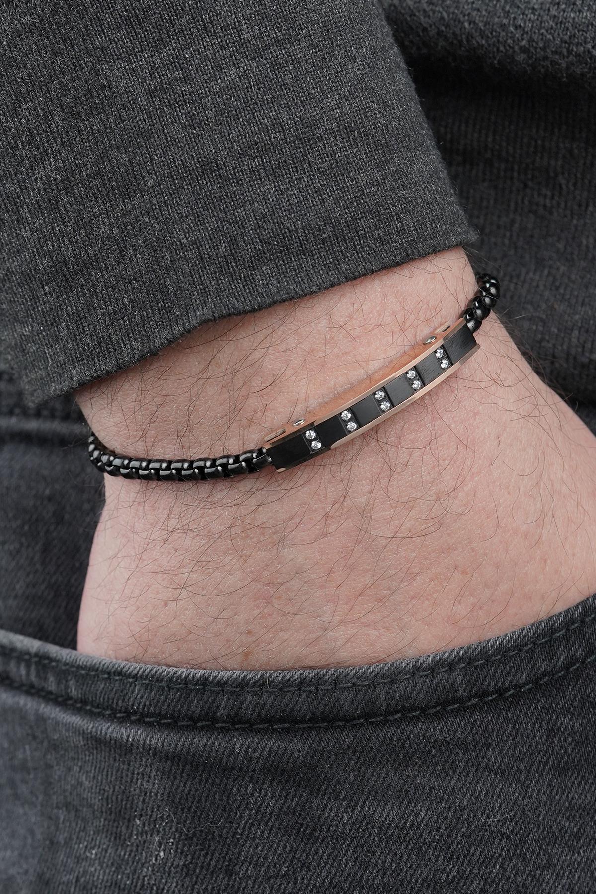 FRNCH 316L Çelik İtalyan Model Beyaz Zirkon Taşlı Siyah-Rose Renk Erkek Bileklik FRJ12872-3872-B2C