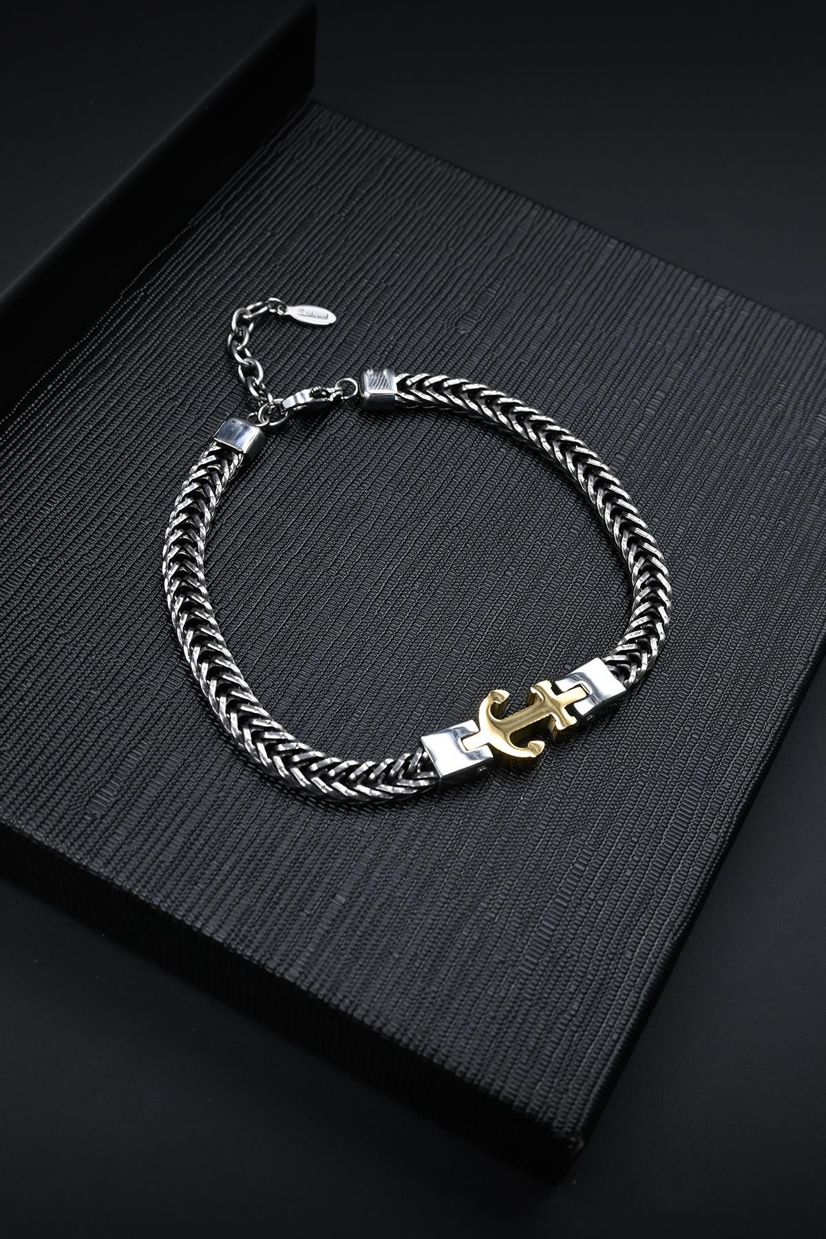 FRNCH 316L Çelik İtalyan Model Çapa Figürlü Gümüş-Altın Renk Erkek Bileklik FRJ12869-3869-B2G