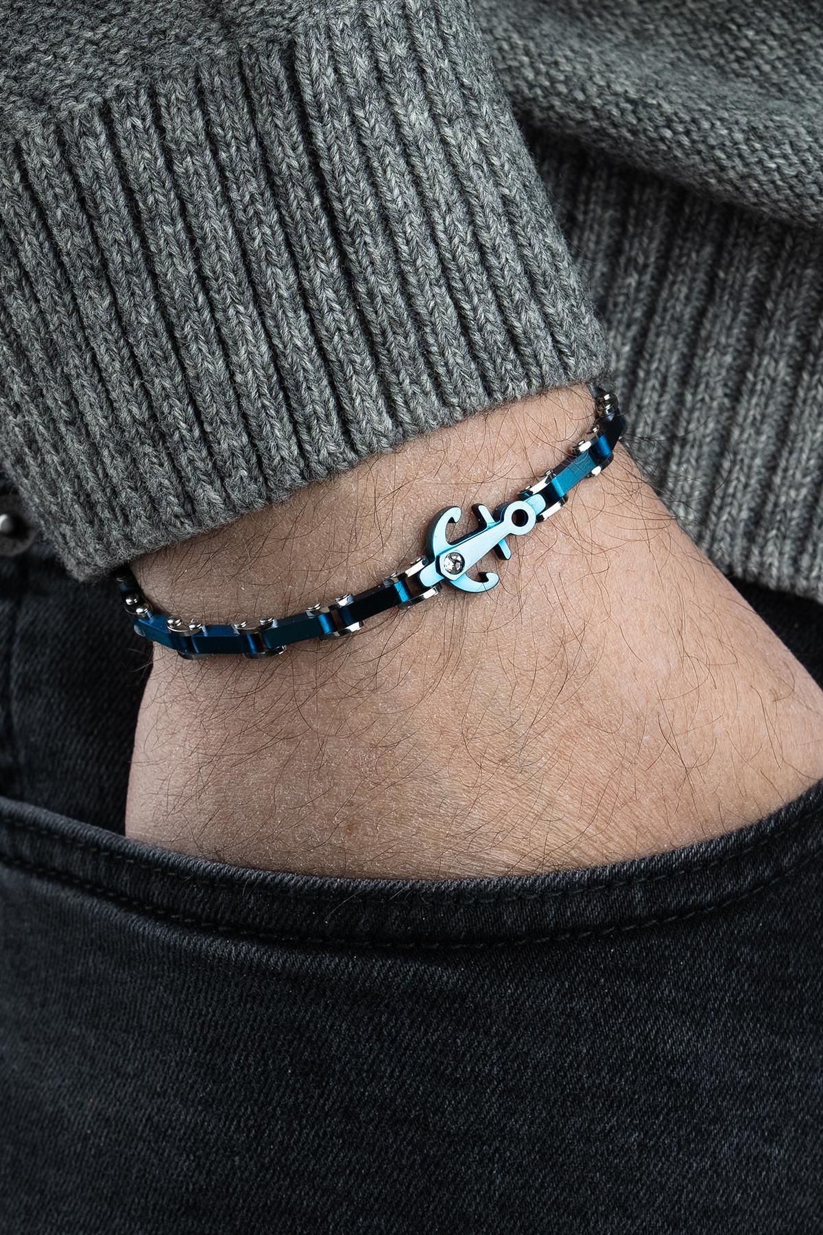 FRNCH 316L Çelik İtalyan Model Çapa Figürlü Gümüş-Lacivert Renk Erkek Bileklik FRJ12799-3799-AL