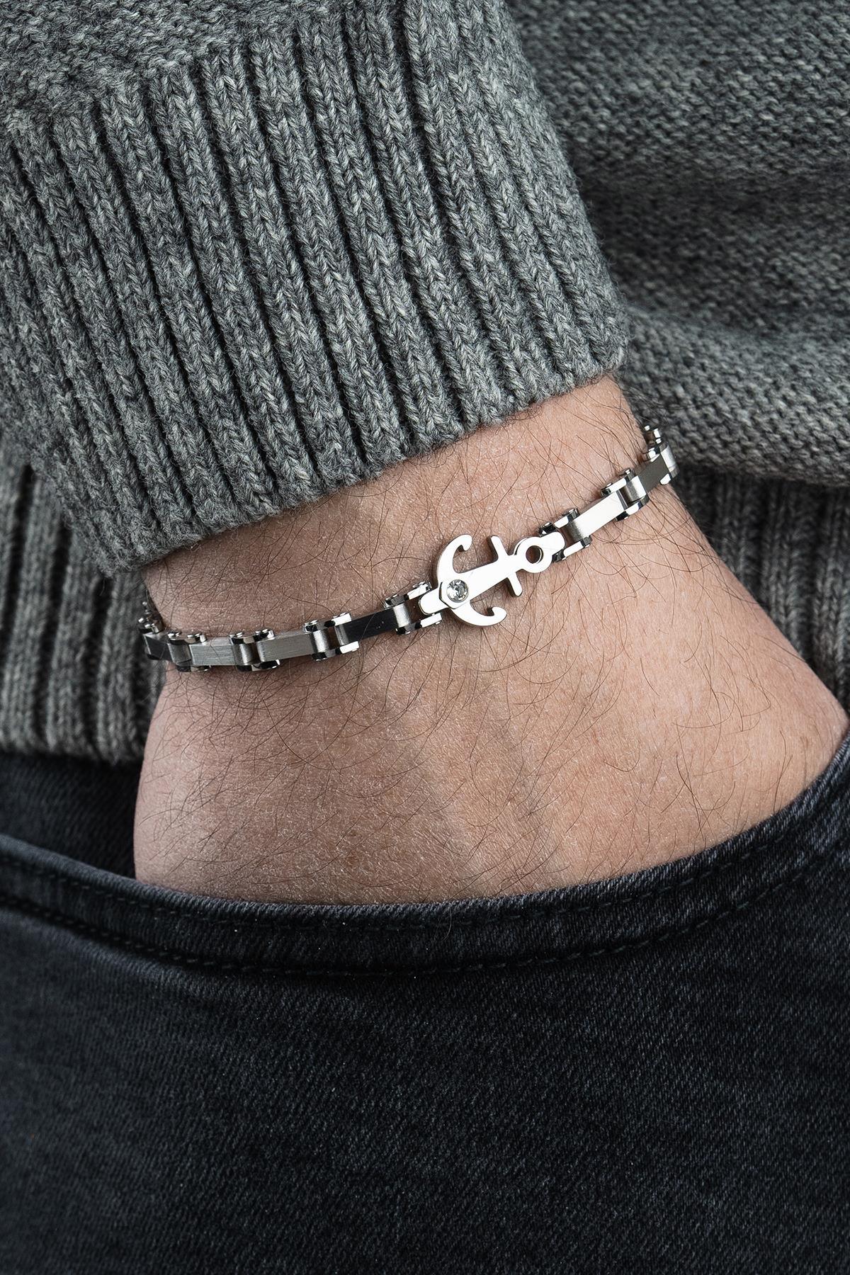 FRNCH 316L Çelik İtalyan Model Çapa Figürlü Gümüş Renk Erkek Bileklik FRJ12799-3799-A