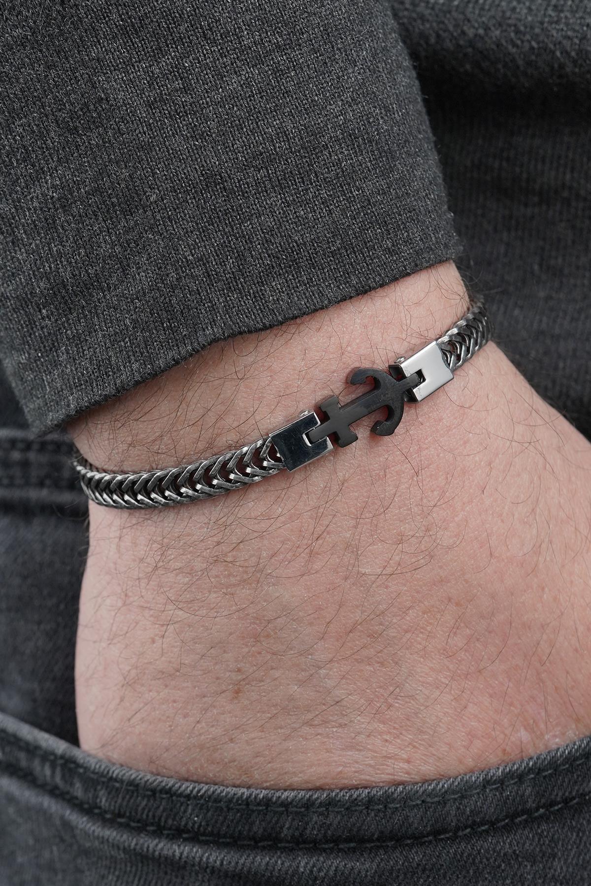 FRNCH 316L Çelik İtalyan Model Çapa Figürlü Gümüş-Siyah Renk Erkek Bileklik FRJ12869-3869-B2