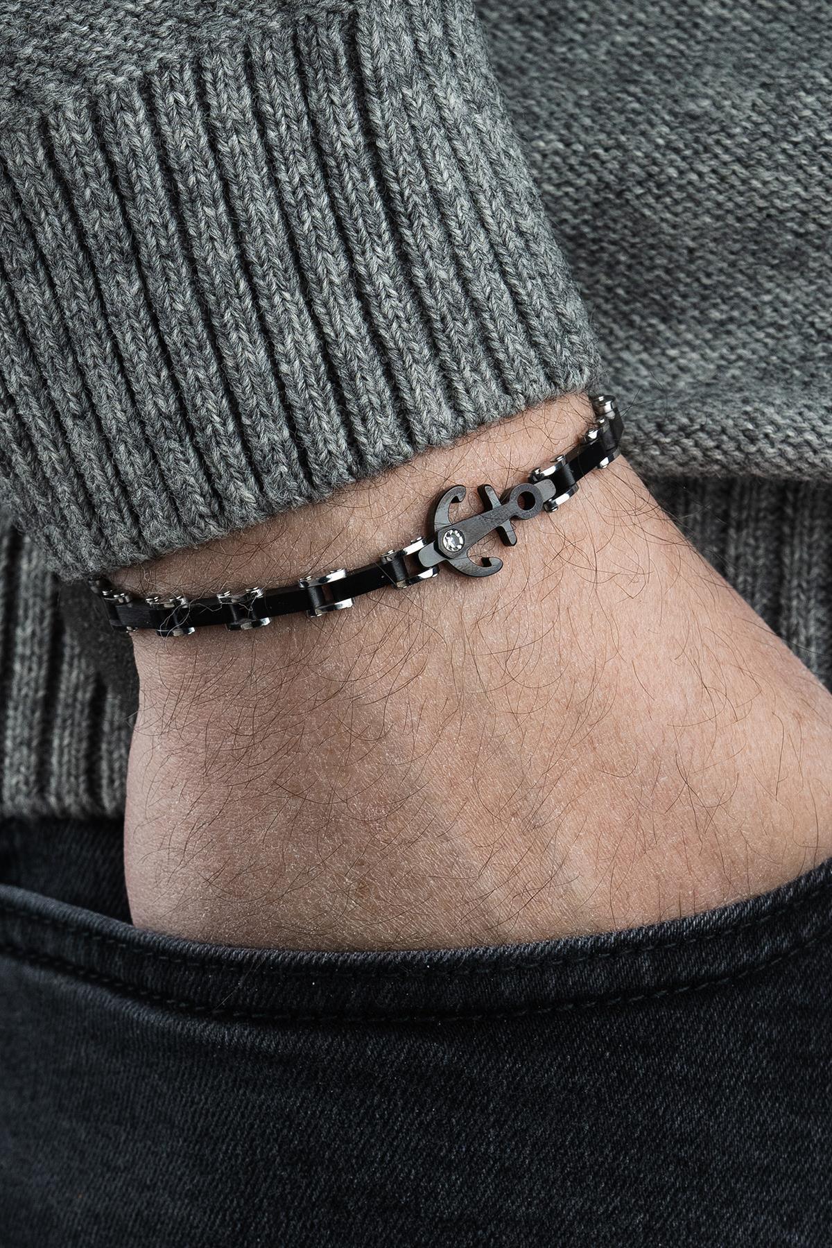 FRNCH 316L Çelik İtalyan Model Çapa Figürlü Siyah-Gümüş Renk Erkek Bileklik FRJ12799-3799-B2