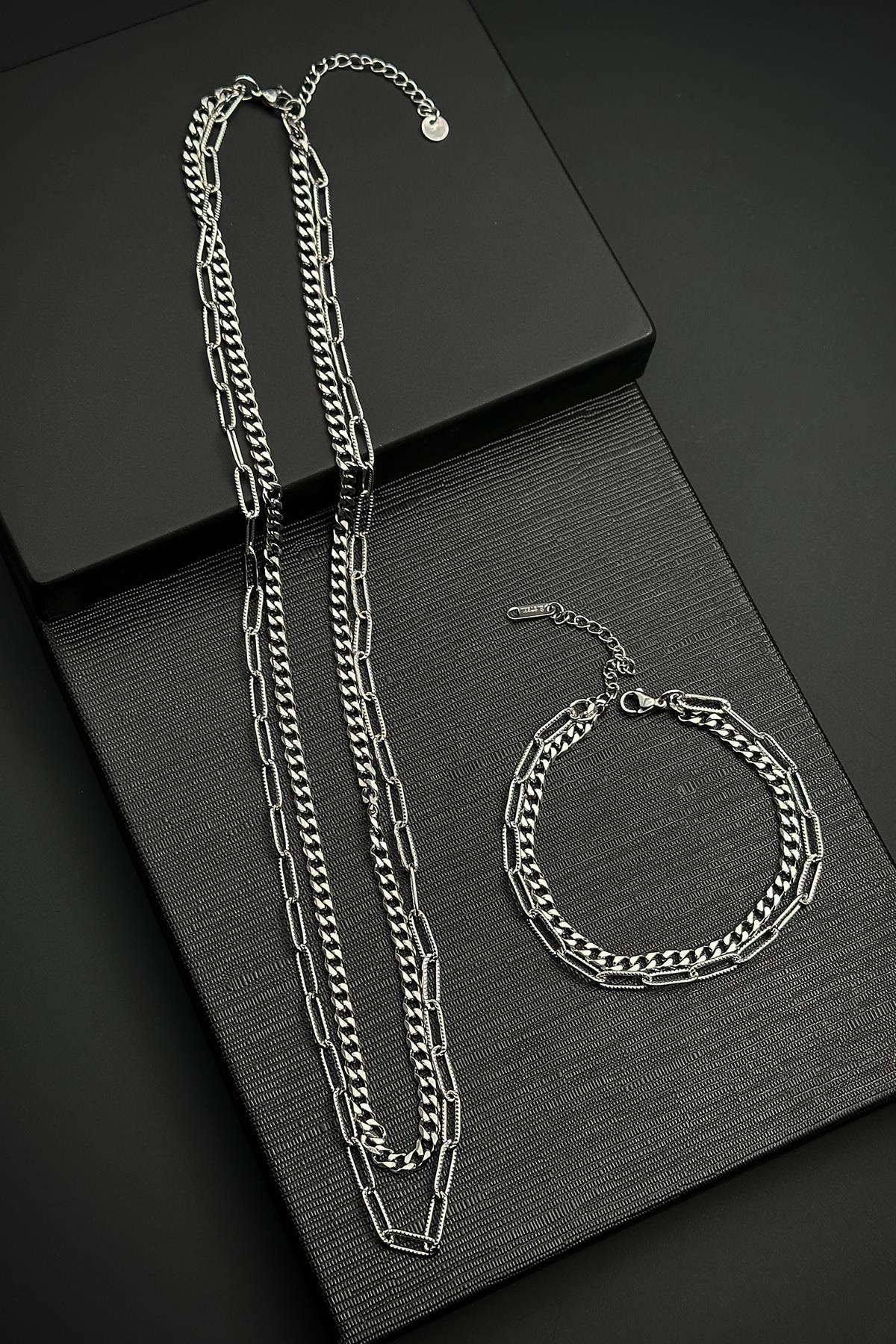 FRNCH 316L Çelik İtalyan Model Gümüş Renk Erkek Bileklik/Kolye Set FRJ12450-3450-A