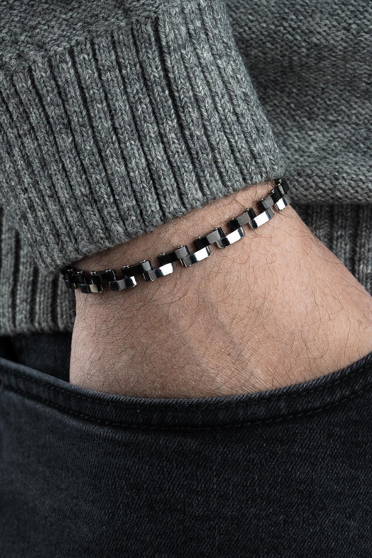 FRNCH 316L Çelik İtalyan Model Gümüş-Siyah Renk Erkek Bileklik FRJ12800-3800-AB2