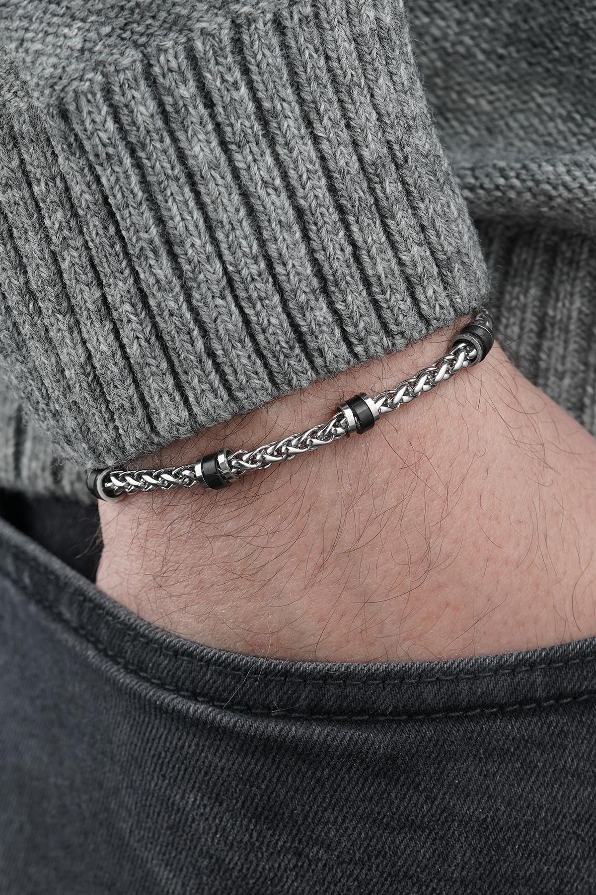 FRNCH 316L Çelik İtalyan Model Gümüş-Siyah Renk Erkek Bileklik FRJ12840-3840-AB2