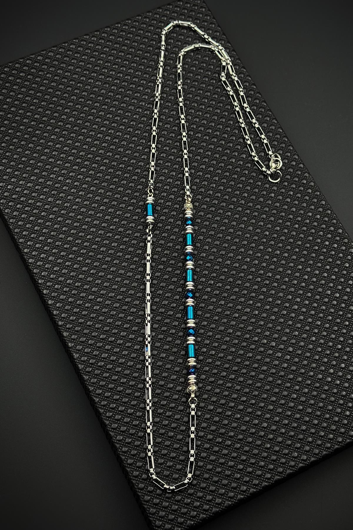 FRNCH 316L Çelik İtalyan Model Hematit Doğal Taşlı Lacivert Renk Erkek Kolye FRJ30868-968-L