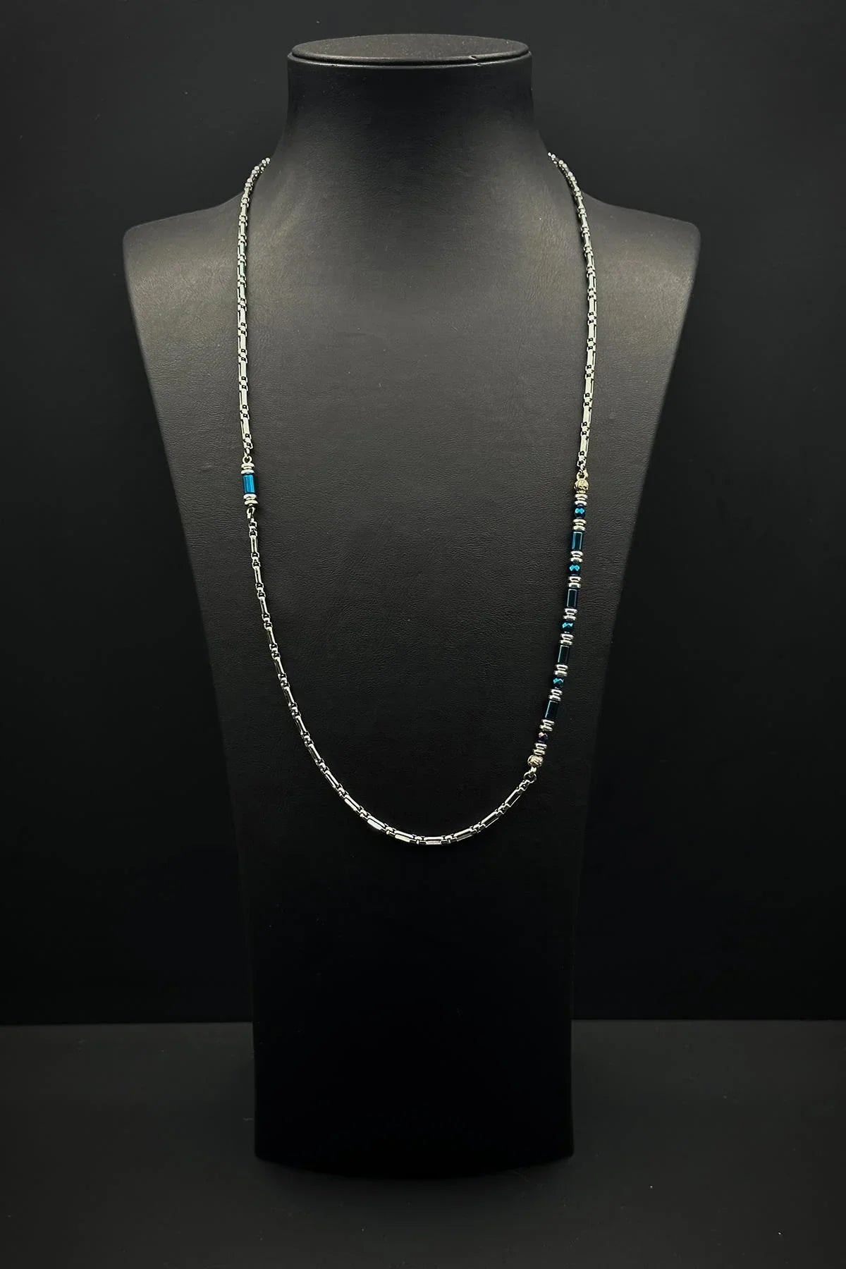 FRNCH 316L Çelik İtalyan Model Hematit Doğal Taşlı Lacivert Renk Erkek Kolye FRJ30868-968-L