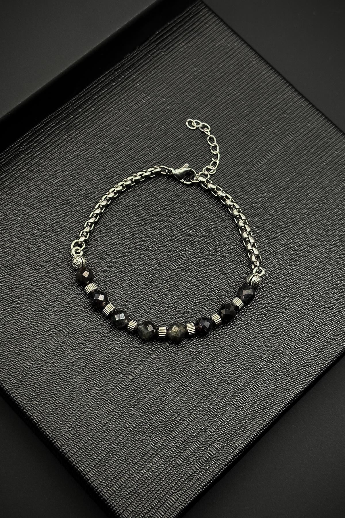 FRNCH 316L Çelik İtalyan Model İyolit Doğal Taşlı Siyah Renk Erkek Bileklik FRJ12259-3259-S