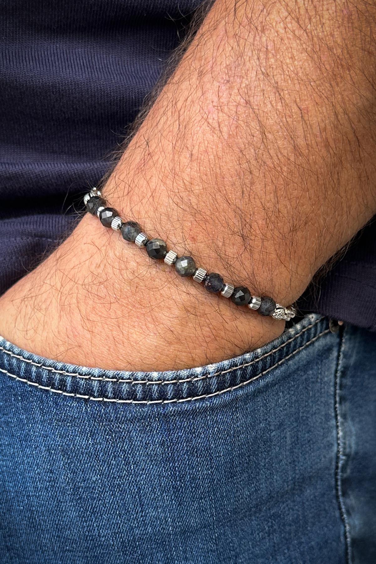 FRNCH 316L Çelik İtalyan Model İyolit Doğal Taşlı Siyah Renk Erkek Bileklik FRJ12259-3259-S