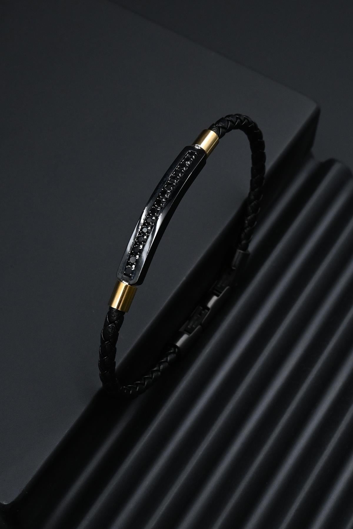 FRNCH 316L Çelik İtalyan Model Siyah-Altın Renk Deri Erkek Bileklik FRJ12287-3287-B2G