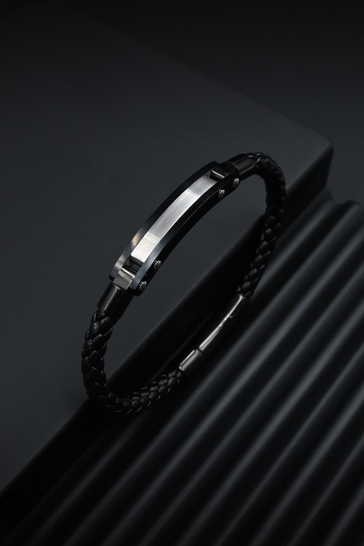 FRNCH 316L Çelik İtalyan Model Siyah-Gümüş Renk Deri Erkek Bileklik FRJ12264-3264-B2A