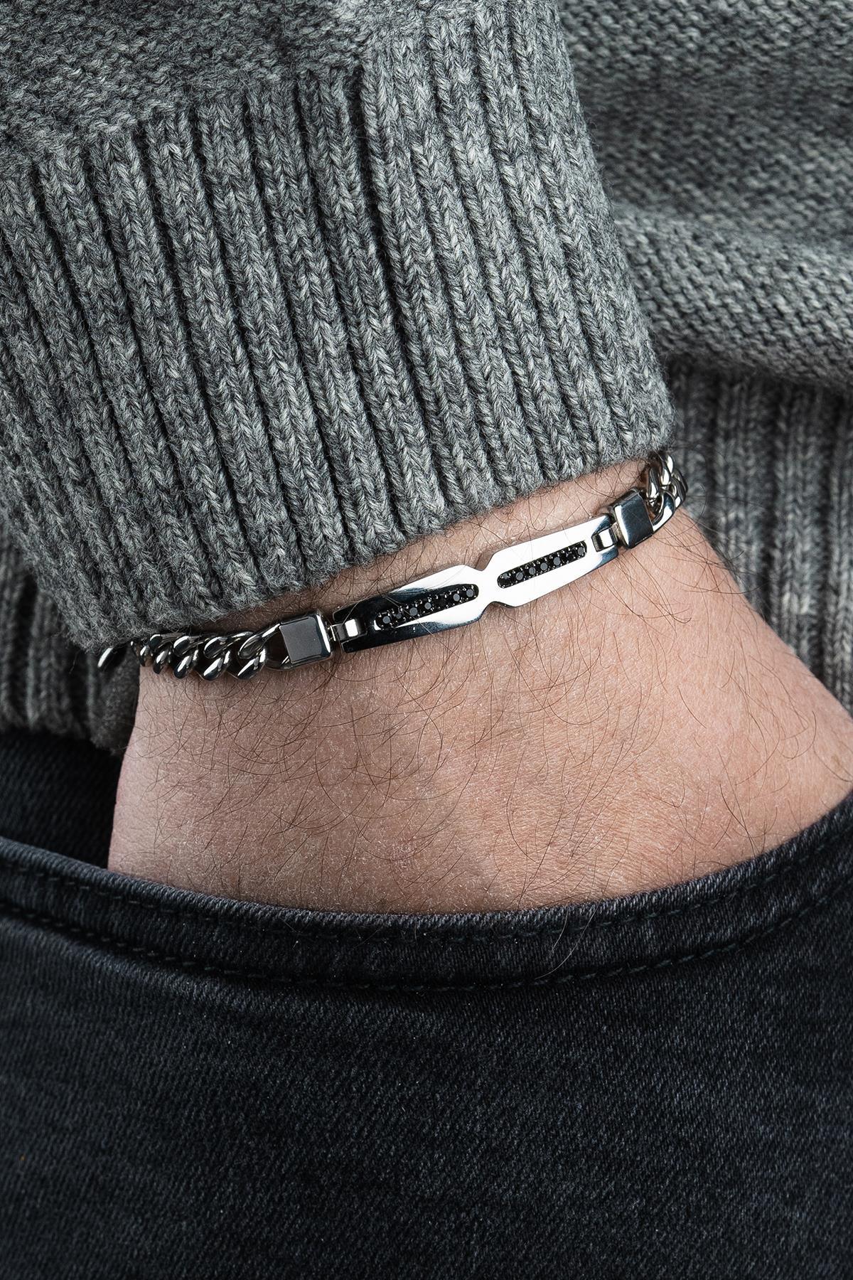 FRNCH 316L Çelik İtalyan Model Siyah Zirkon Taşlı Gümüş Renk Erkek Bileklik FRJ12803-3803-A