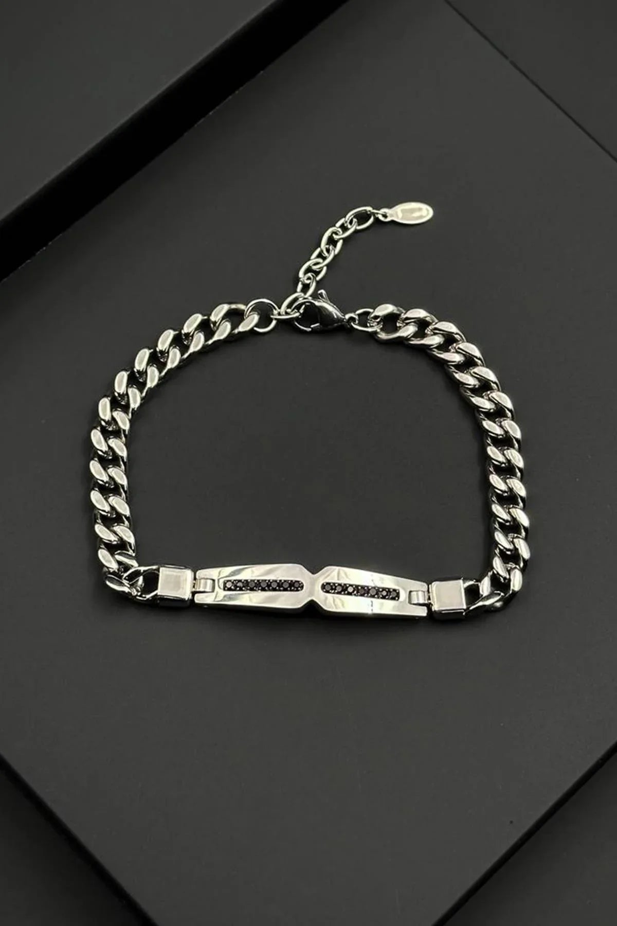 FRNCH 316L Çelik İtalyan Model Siyah Zirkon Taşlı Gümüş Renk Erkek Bileklik FRJ12803-3803-A