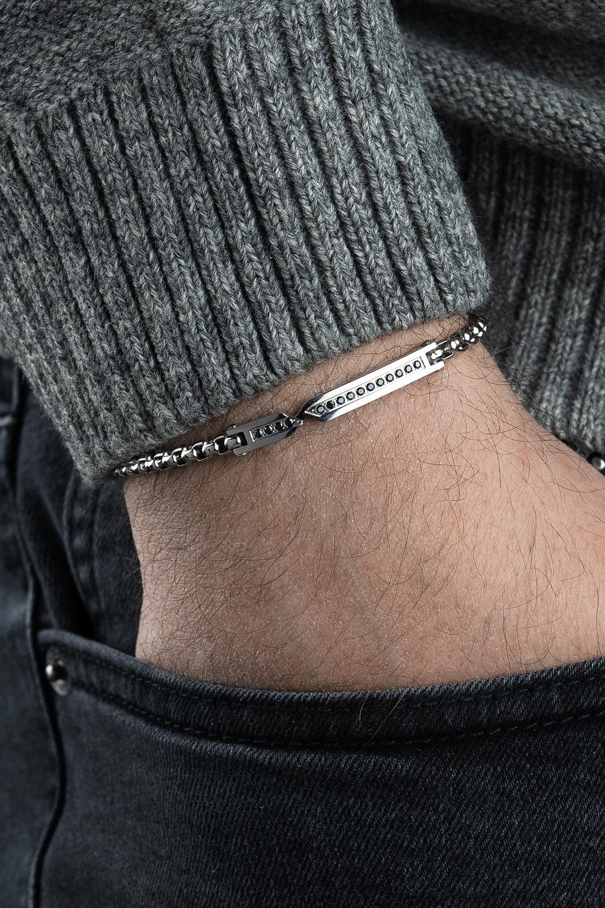 FRNCH 316L Çelik İtalyan Model Siyah Zirkon Taşlı Gümüş Renk Erkek Bileklik FRJ12804-3804-A