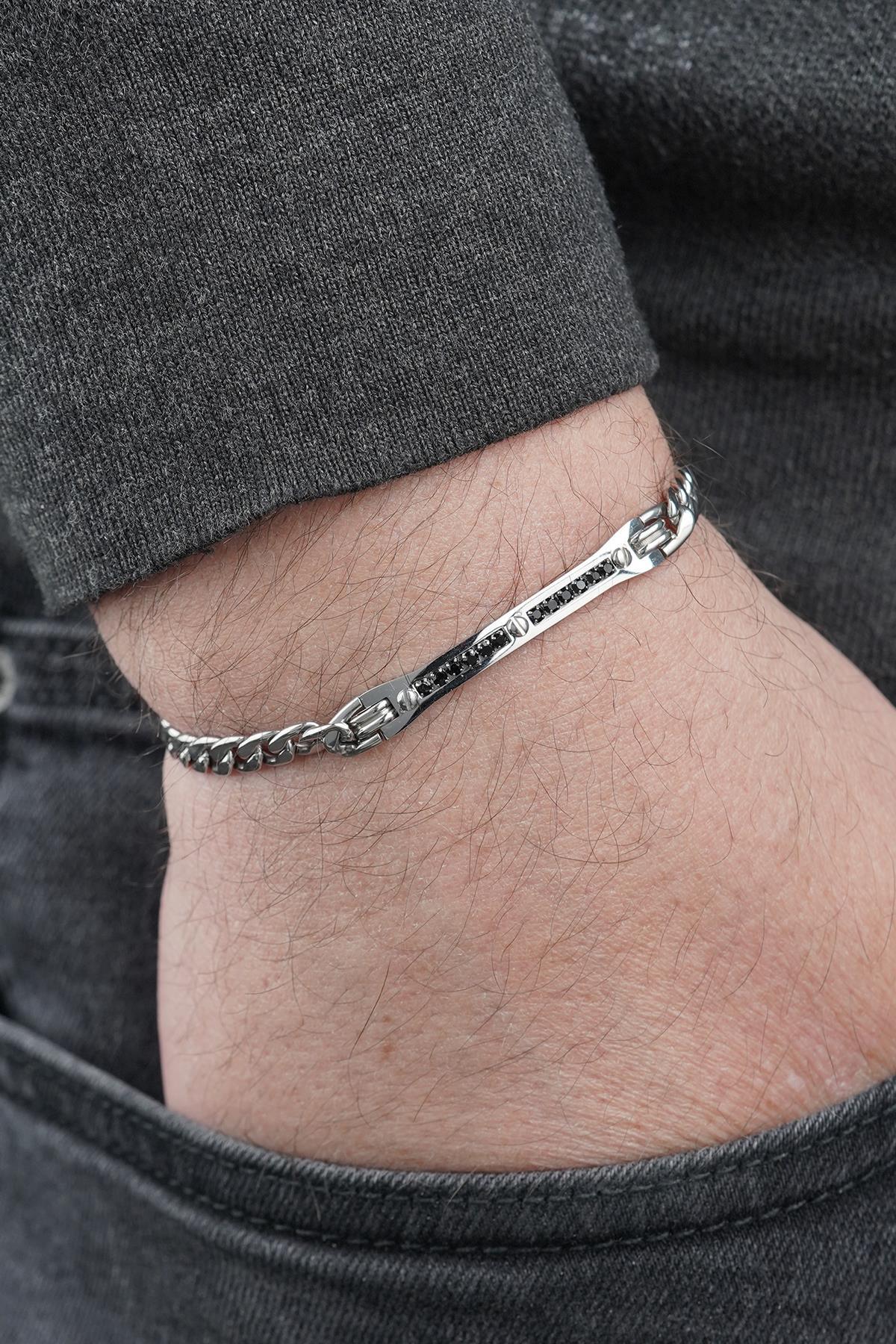 FRNCH 316L Çelik İtalyan Model Siyah Zirkon Taşlı Gümüş Renk Erkek Bileklik FRJ12883-3883-A