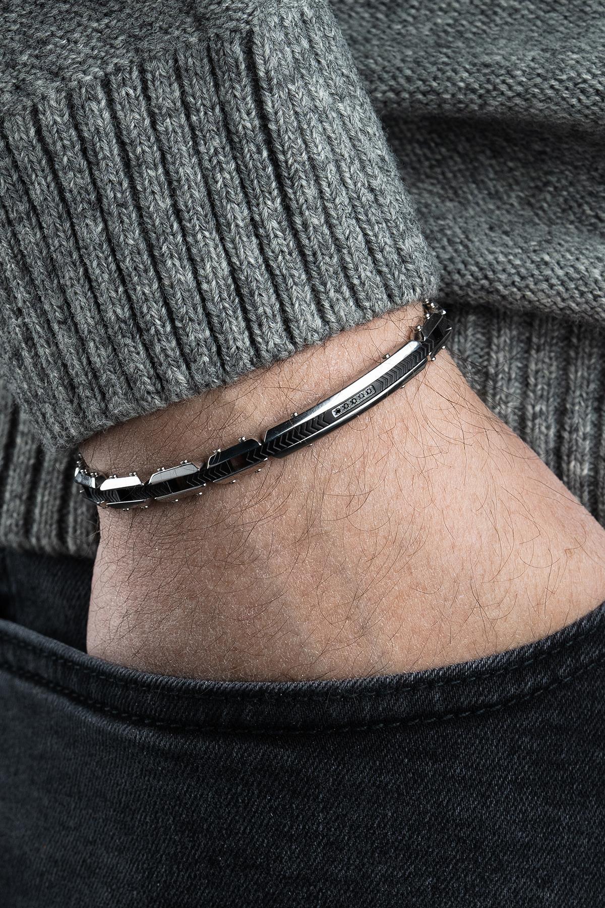 FRNCH 316L Çelik İtalyan Model Siyah Zirkon Taşlı Gümüş-Siyah Renk Erkek Bileklik FRJ12801-3801-AB2