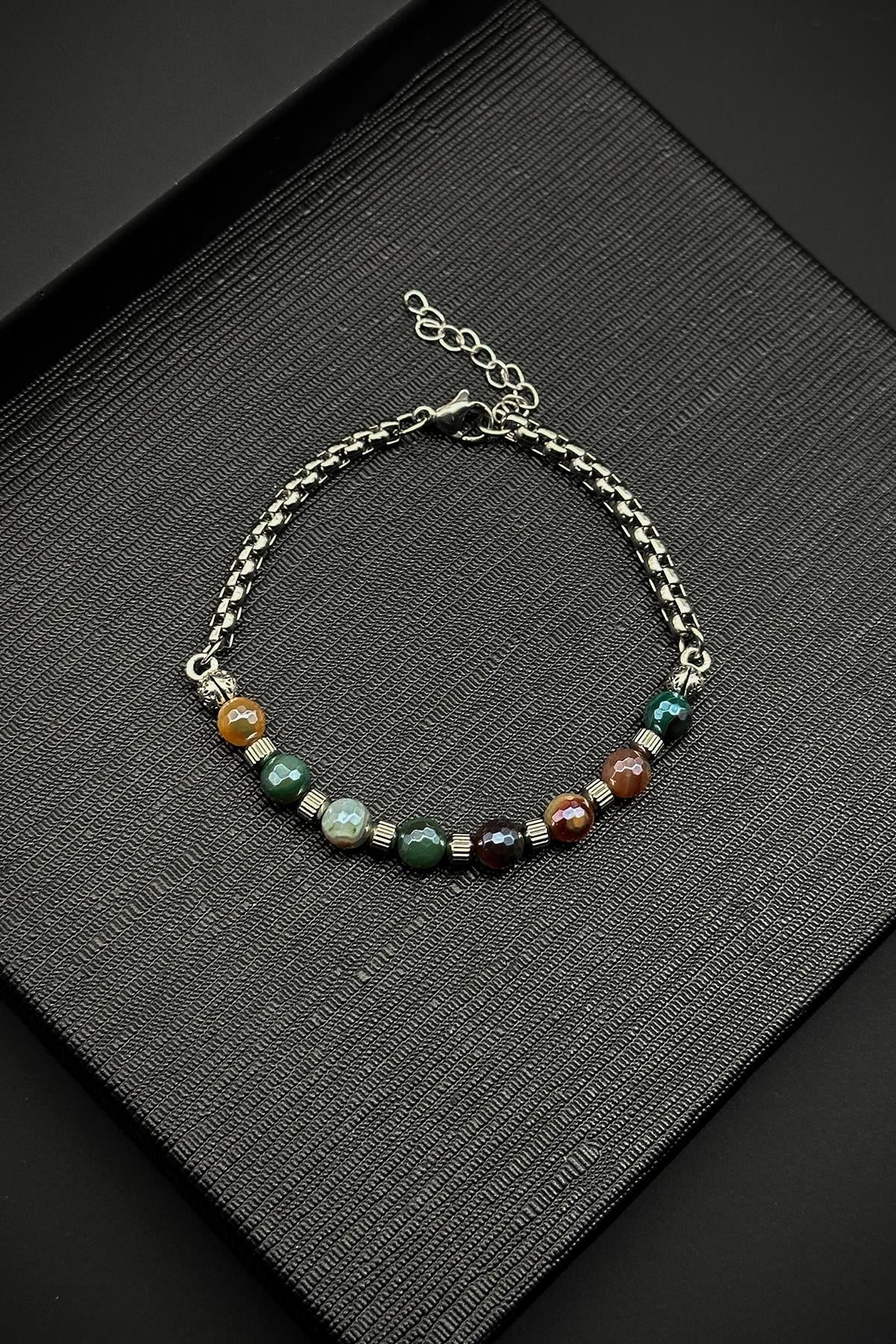 FRNCH 316L Çelik İtalyan Model Titanyum Kaplama Akik Doğal Taşlı Çok Renkli Erkek Bileklik FRJ12259-3259-CK