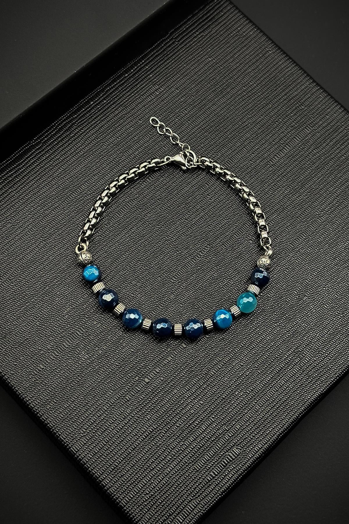 FRNCH 316L Çelik İtalyan Model Titanyum Kaplama Akik Doğal Taşlı Mavi Renkli Erkek Bileklik FRJ12259-3259-M2