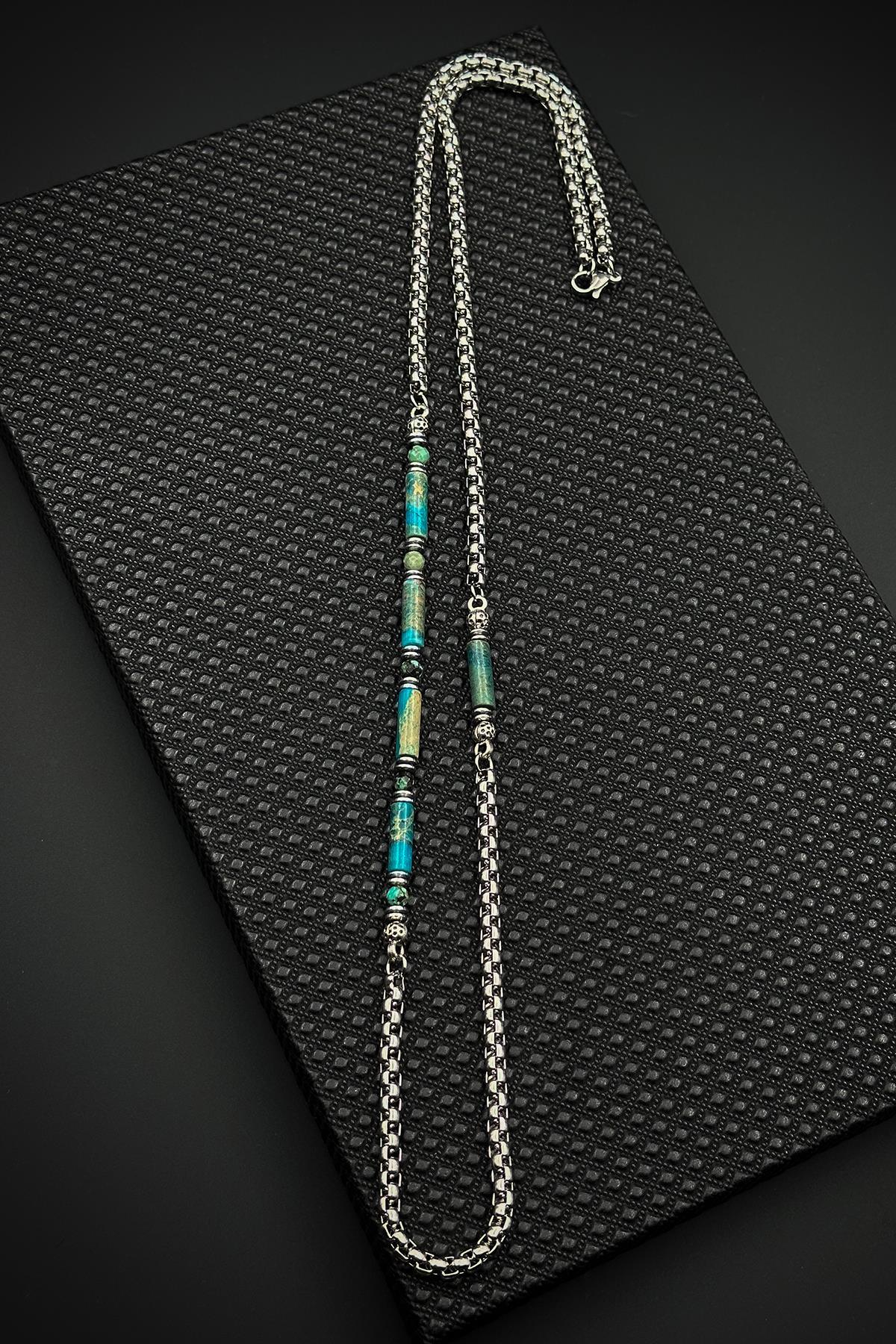 FRNCH 316L Çelik İtalyan Model Varisit Doğal Taşlı Mavi Renk Erkek Kolye FRJ30858-958-M