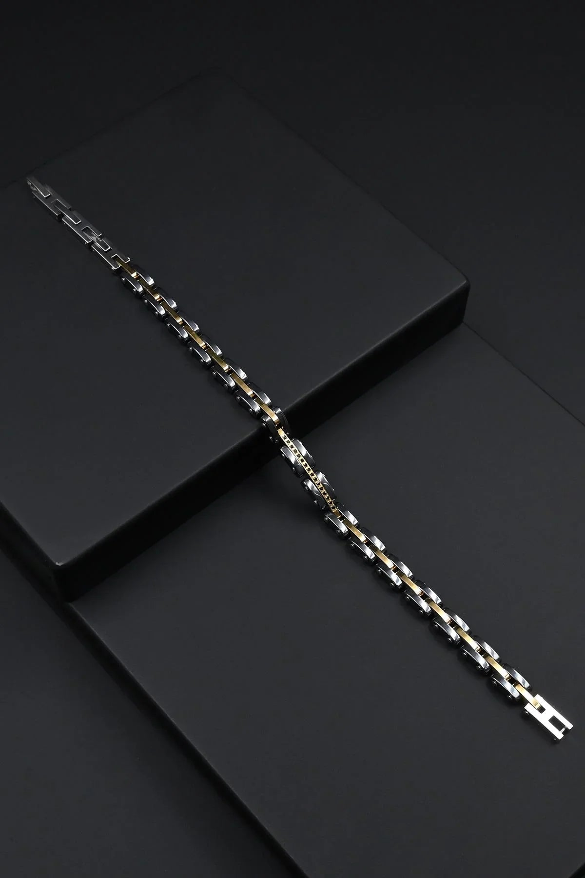 FRNCH 316L Çelik İtalyan Model Zirkon Taşlı Gümüş-Altın Renk Erkek Bileklik FRJ12268-3268-G