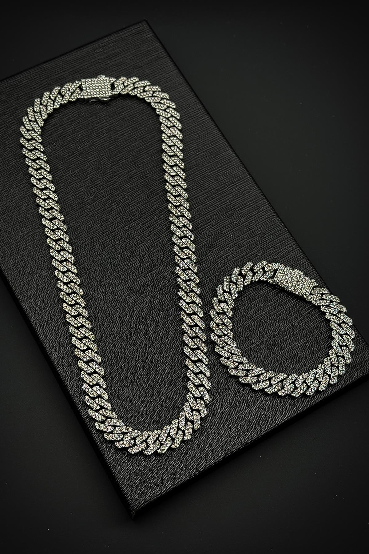 FRNCH 316L Çelik İtalyan Model Zirkon Taşlı Gümüş Renk Tennis Erkek Bileklik/Kolye Set FRJ12197-3197-A