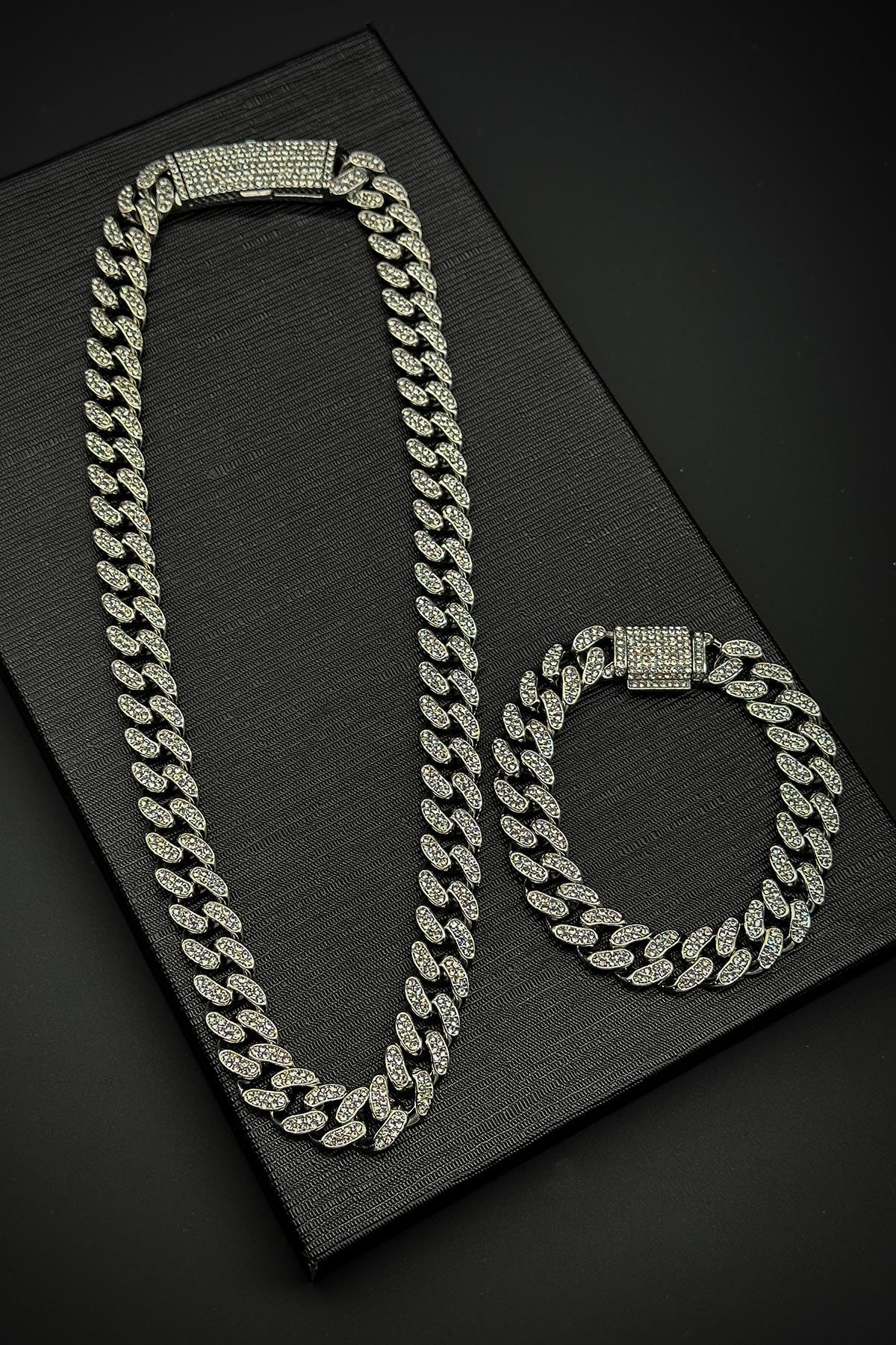 FRNCH 316L Çelik İtalyan Model Zirkon Taşlı Gümüş Renk Tennis Erkek Bileklik/Kolye Set FRJ12198-3198-A