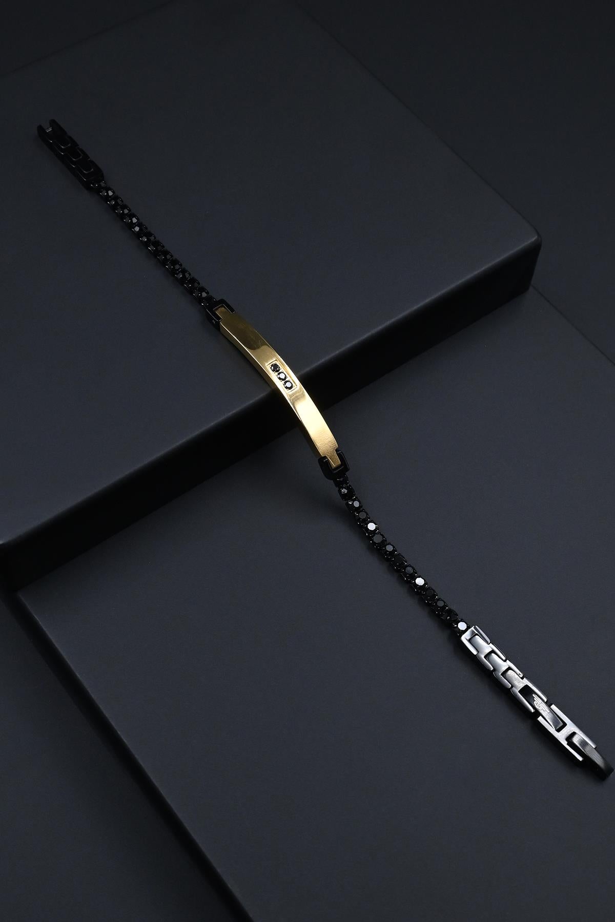 FRNCH 316L Çelik İtalyan Model Zirkon Taşlı Siyah-Altın Renk Erkek Bileklik FRJ12265-3265-B2G