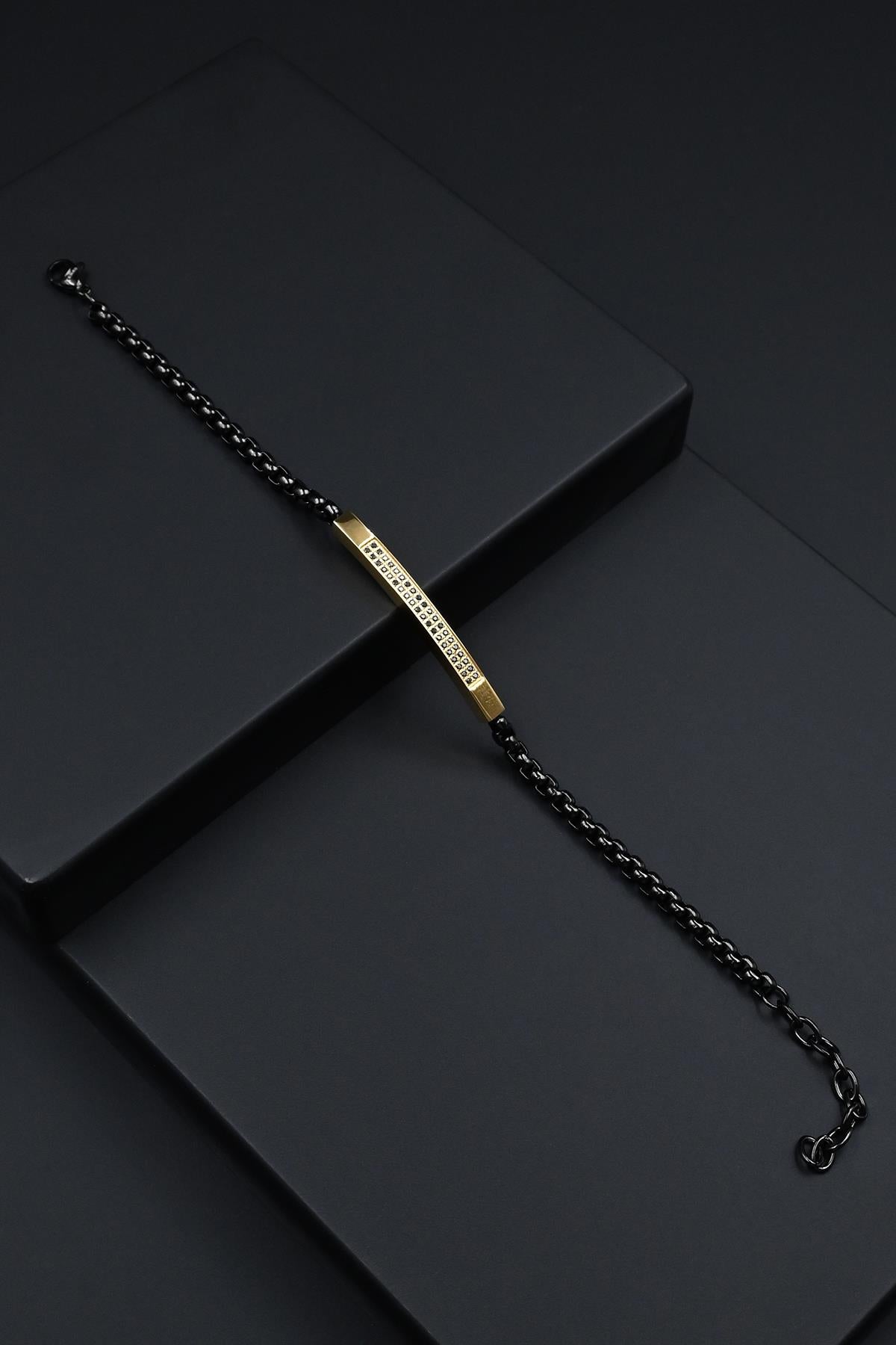 FRNCH 316L Çelik İtalyan Model Zirkon Taşlı Siyah-Altın Renk Erkek Bileklik FRJ12282-3282-B2G