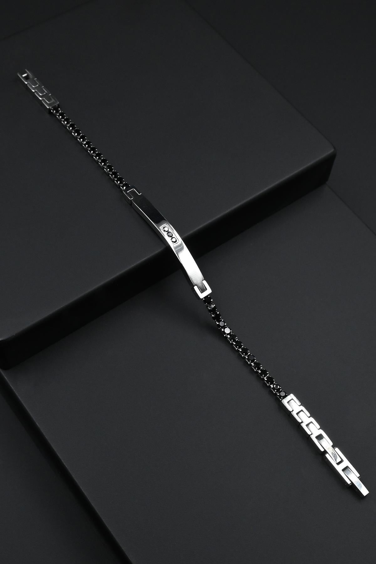 FRNCH 316L Çelik İtalyan Model Zirkon Taşlı Siyah Renk Erkek Bileklik FRJ12265-3265-B2A