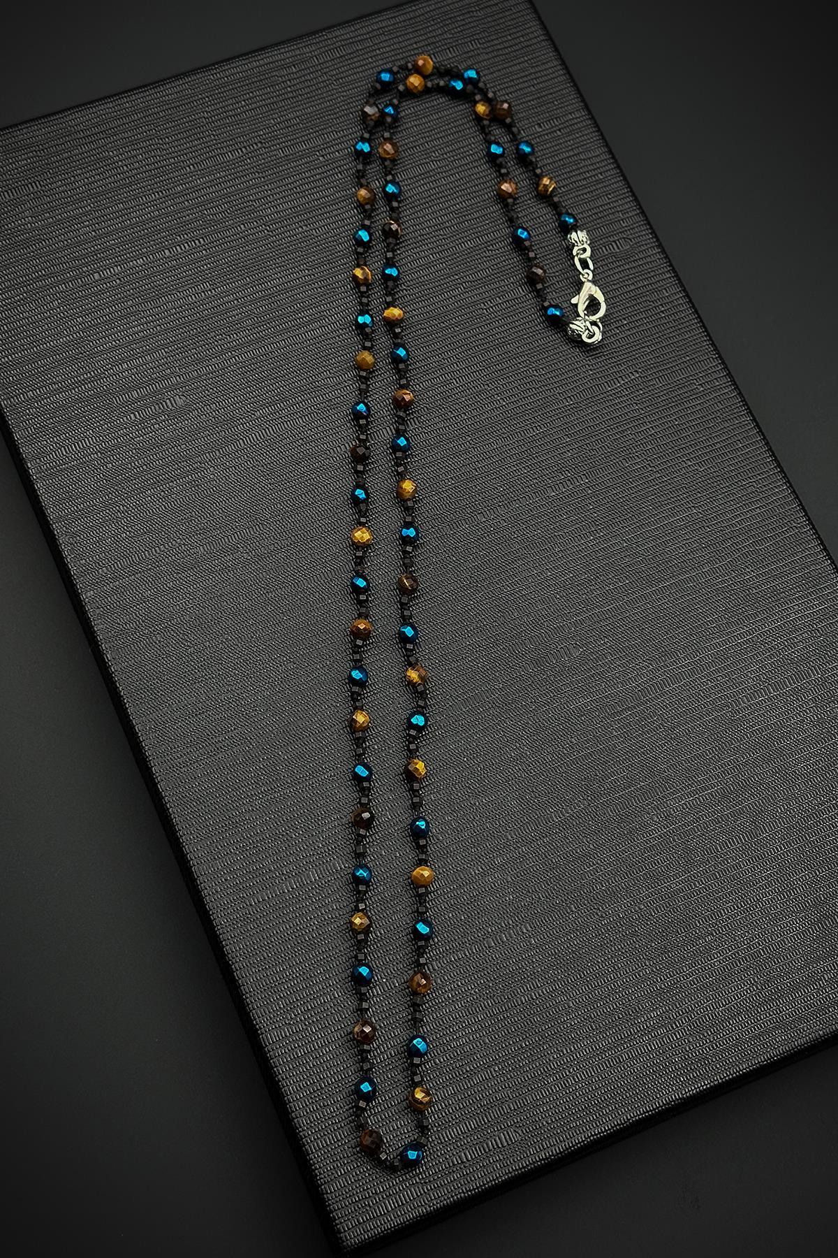 FRNCH 316L Çelik Kilitli Kaplan Gözü ve Hematit Doğal Taşlı Kahverengi-Lacivert Erkek Kolye FRJ30857-957-KL