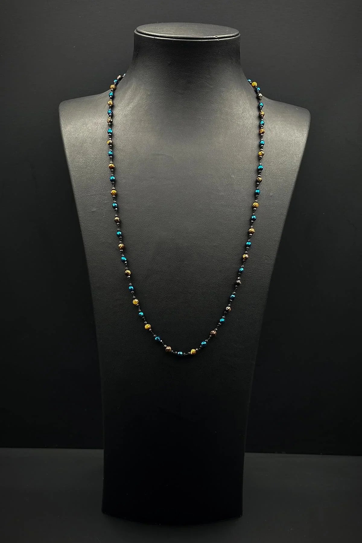 FRNCH 316L Çelik Kilitli Kaplan Gözü ve Hematit Doğal Taşlı Kahverengi-Lacivert Erkek Kolye FRJ30857-957-KL