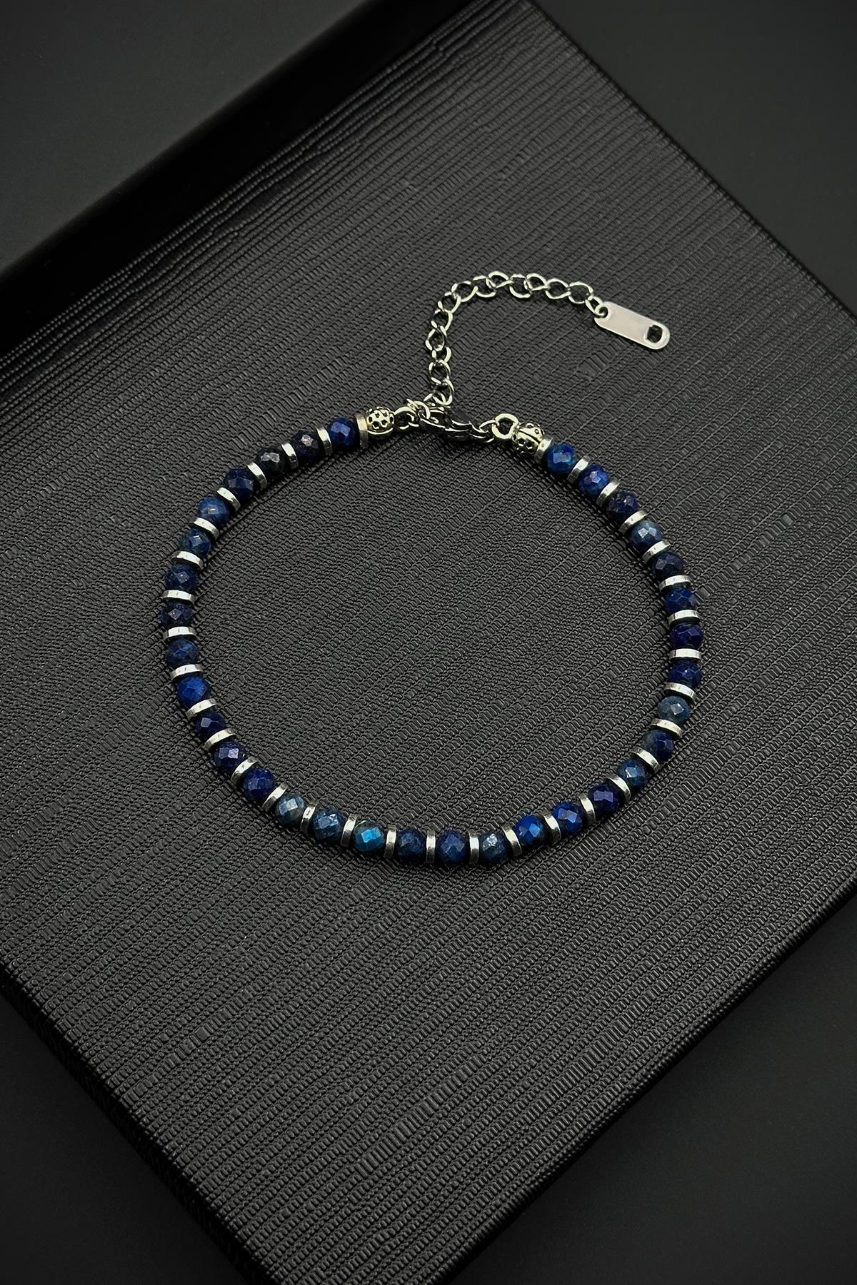 FRNCH 316L Çelik Kilitli Lapis Lazuli Doğal Taşlı Lacivert Renk Erkek Bileklik FRJ12536-3536-L
