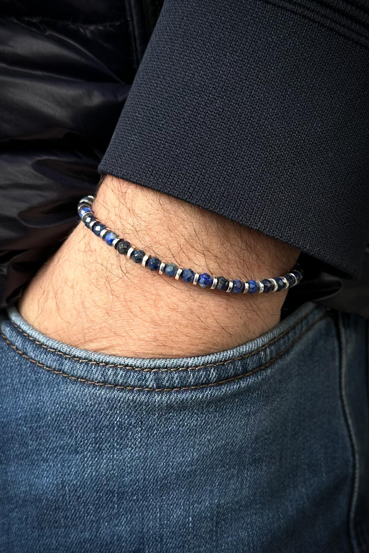 FRNCH 316L Çelik Kilitli Lapis Lazuli Doğal Taşlı Lacivert Renk Erkek Bileklik FRJ12536-3536-L