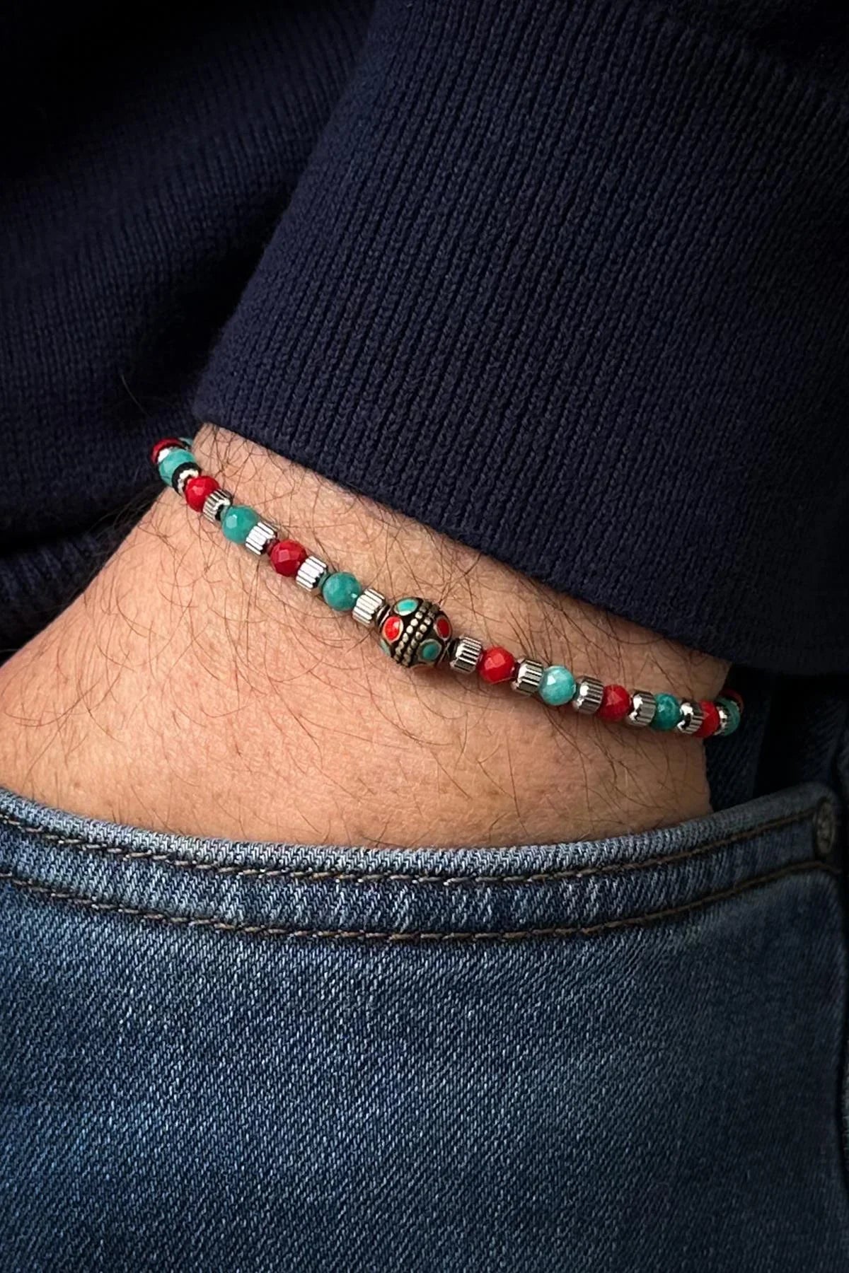 FRNCH 316L Çelik Kilitli Mix Doğal Taşlı Çok Renkli Erkek Bileklik FRJ12539-3539-CK