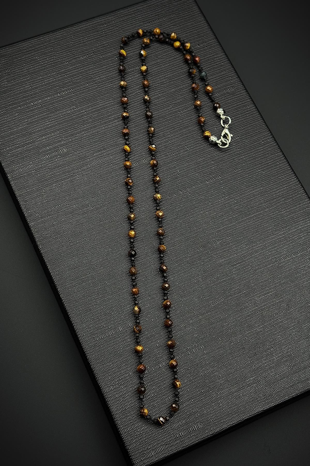 FRNCH 316L Çelik Kilitli ve Kaplan Gözü Doğal Taşlı Kahverengi Erkek Kolye FRJ30857-957-K