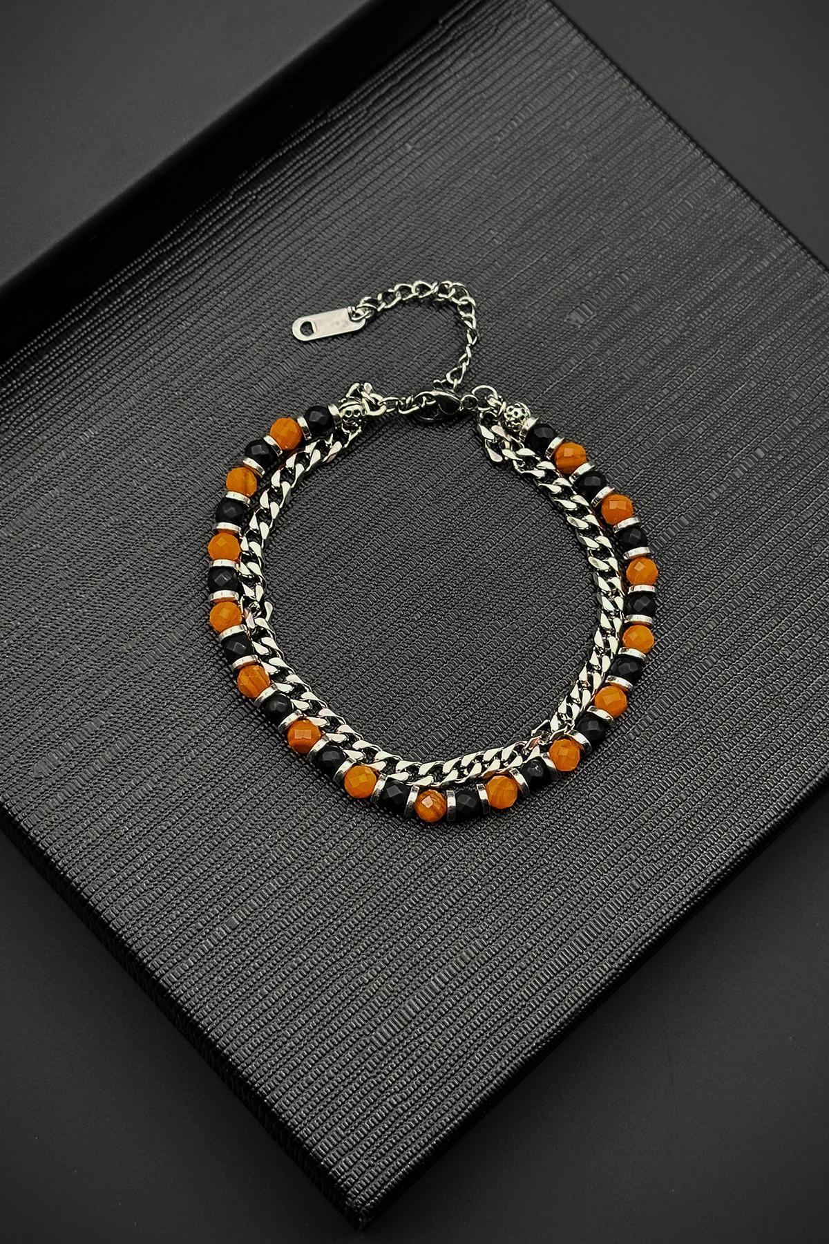 FRNCH 316L Çelik Onyx ve Sedef Doğal Taşlı Turuncu Renk Erkek Bileklik FRJ12540-3540-BK