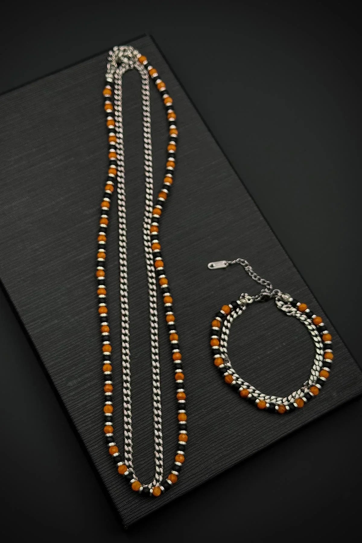 FRNCH 316L Çelik Onyx ve Sedef Doğal Taşlı Turuncu Renk Erkek Bileklik/Kolye Set FRJ12551-3551-KB