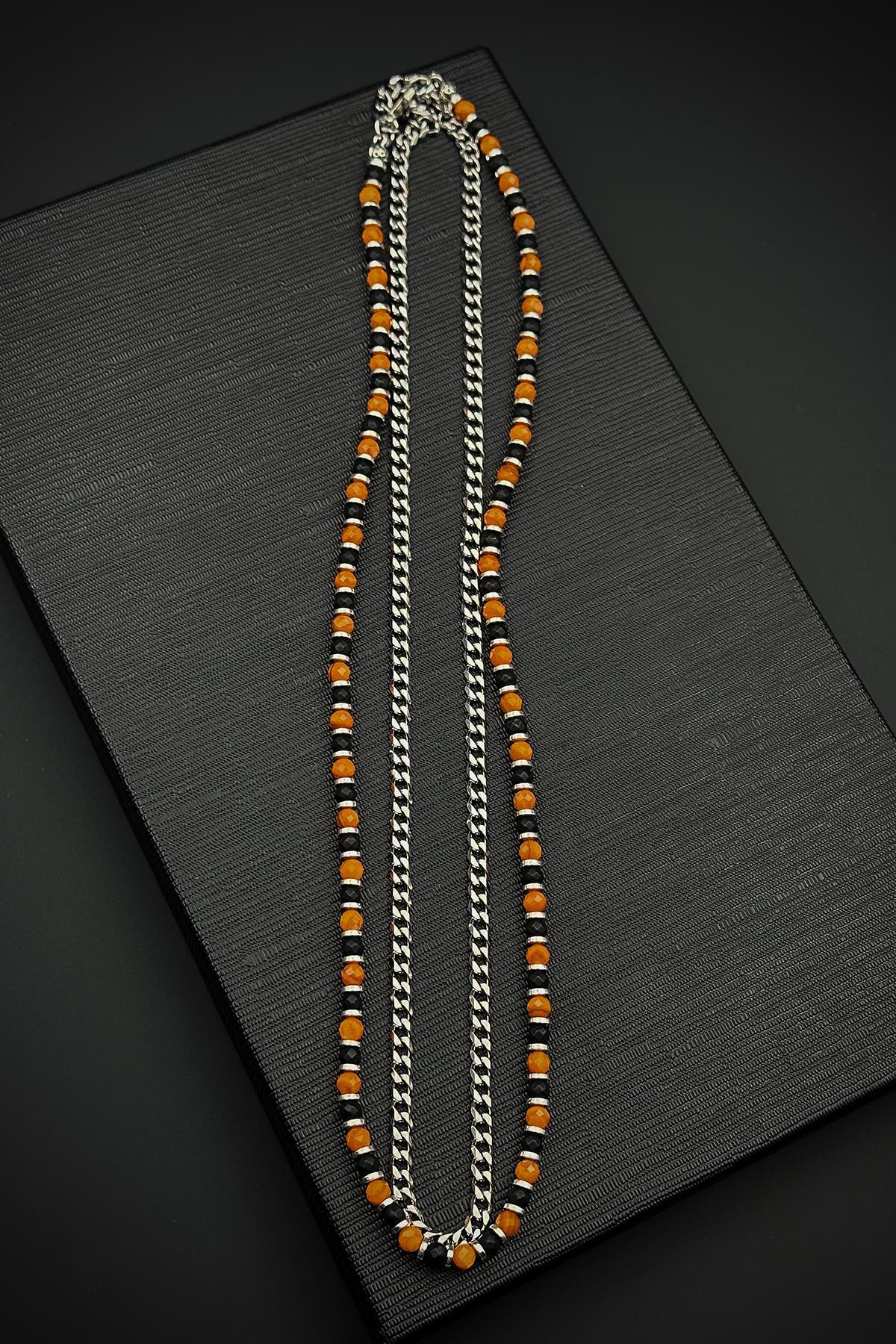 FRNCH 316L Çelik Onyx ve Sedef Doğal Taşlı Turuncu Renk Erkek Kolye FRJ30901-1001-K