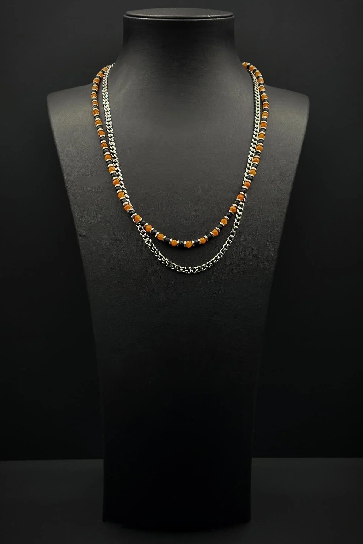 FRNCH 316L Çelik Onyx ve Sedef Doğal Taşlı Turuncu Renk Erkek Kolye FRJ30901-1001-K