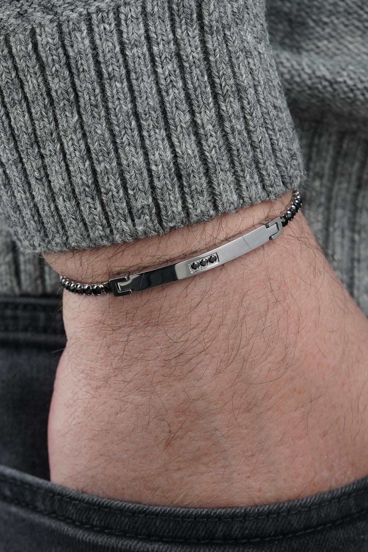 FRNCH 316L Çelik Siyah Zirkon Taşlı Siyah Renk Erkek Bileklik FRJ12850-3850-B